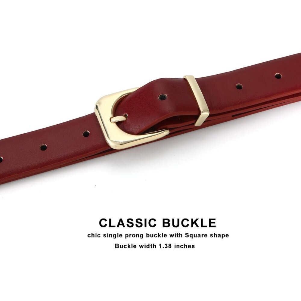 Women's Red Faux Leather Waist Belt With Gold Silver Buckle Casual Jeans Pants - Picture 3 of 6